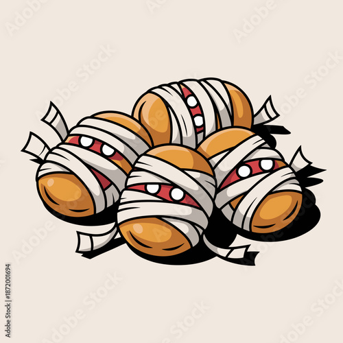 Playful mummy pizza rolls cartoon vector – Suitable for Halloween menus, party decorations, or digital marketing.