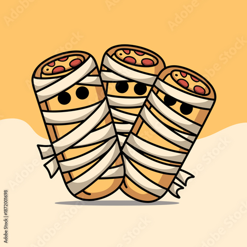 Whimsical mummy pizza rolls vector art – Perfect for holiday catering, recipe websites, or spooky food graphics.