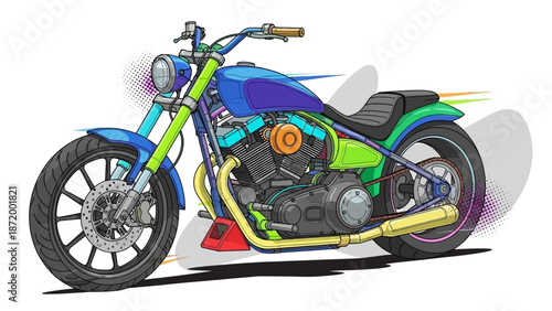 A sleek red sport motorbike and a chrome black chopper motorcycle with powerful engines and fast wheels are isolated on a white background for transport and road vehicle speed