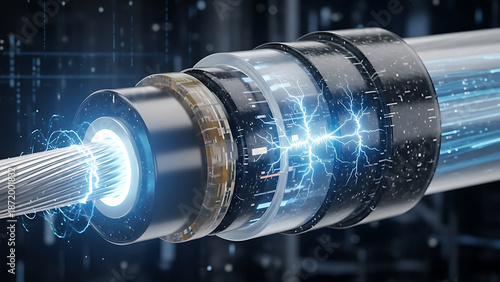 Close up of a high tech metallic cylindrical object with glowing blue light