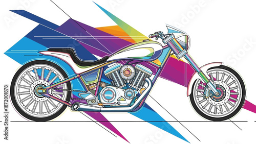 Abstract vintage motorcycle background featuring a red retro chopper engine and chrome wheels on a speed road for sport transportation