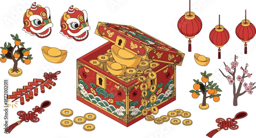 treasure chest with coins and festive symbols
