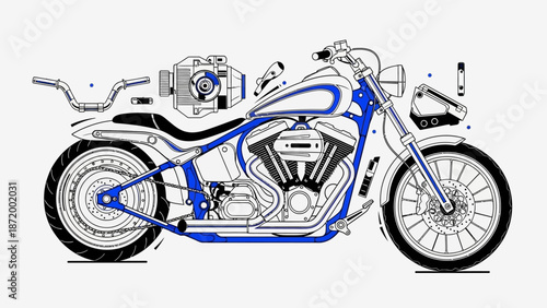 A fast red and black sport motorbike with chrome engine wheels is isolated on a white and blue background for transport
