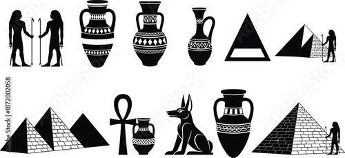 WebAncient Egyptian icon set, pharaoh figures, pyramids, Anubis god, hieroglyph style symbols, black and white vector illustration collection art design elements bundle