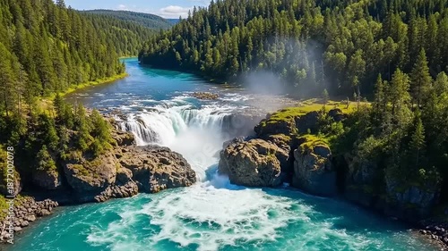Majestic Waterfall in Lush Green Forest with Turquoise River Flowing Through Rocky Landscape on a Bright Sunny Day.