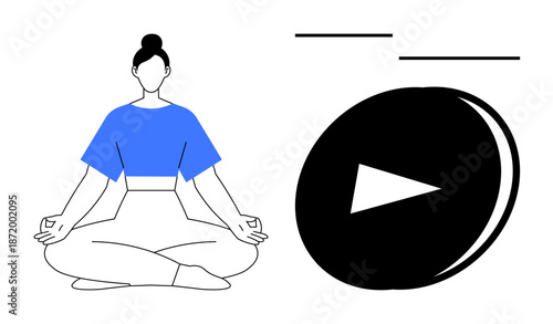 Self-care, meditation techniques, relaxation, online learning, wellness lifestyle, digital content. Woman meditating in lotus pose next to a play button. Meditation techniques and relaxation