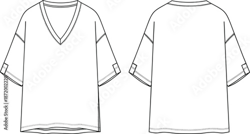 V neck t shirt, technical CAD flat vector illustration, front and back view apparel design, short sleeve fashion template outline