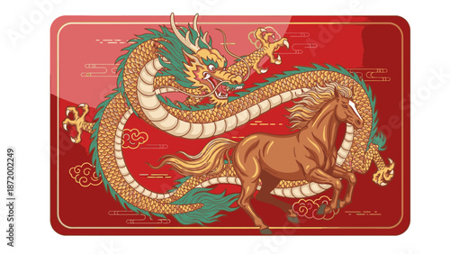 A vibrant illustration of a dragon and a horse on a red envelope with golden accents, symbolizing kuda chine's day in a traditional Chinese cultural context.