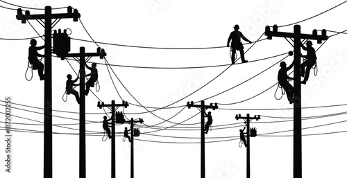 Utility worker silhouette vector illustration, electrical pole maintenance graphic, black infrastructure icons, safety gear design, power line repair scene, industrial clipart