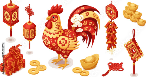 rooster and festive decorations