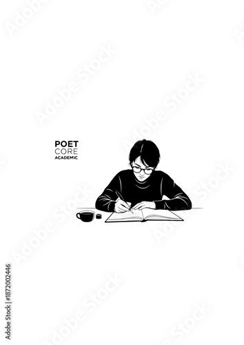 Poet Core Academic Silhouette. Person Writing in Journal with Fountain Pen for 2026 Slow Literature and Analog Hobby Concept Vector Illustration.