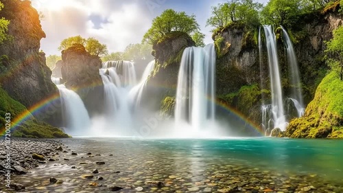 Majestic Waterfalls and Rainbow in Lush Green Landscape.