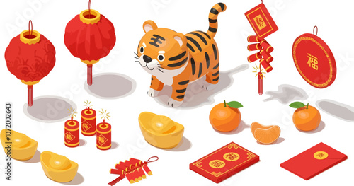 tiger with red lanterns and festive red envelopes