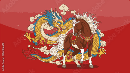 Illustration of a brown horse with white mane and legs standing in front of a golden dragon on a red background, symbolizing kuda chine's day.