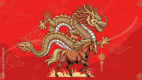 Illustration of a golden dragon superimposed over a brown horse against a vibrant red background with golden accents and kuda chine's day decorations.