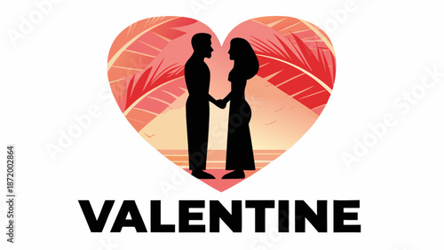 Romantic couple holding hands in heart shaped sunset background