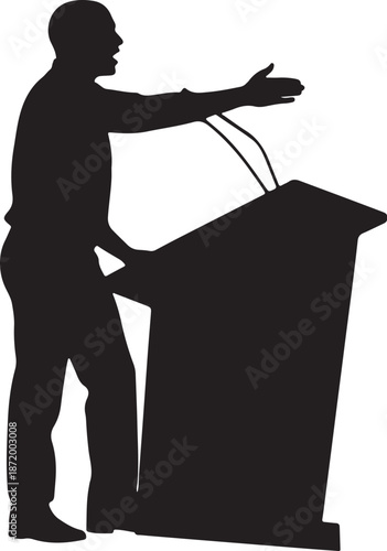 Speaker at podium silhouette with hand gesturing during public speech