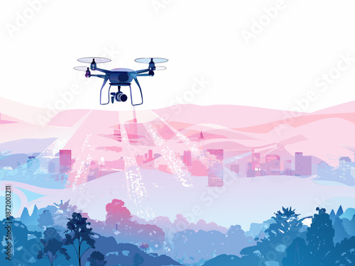 Drone spraying crops over cityscape with colorful landscape