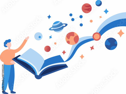 Man opening book with planets and stars emerging