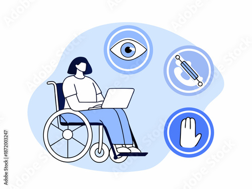 Young woman in wheelchair using laptop with accessibility icons
