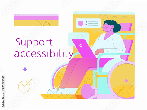 Woman in wheelchair using laptop for accessible technology and support