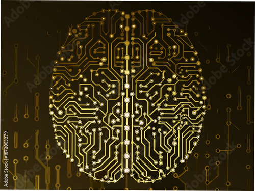 Golden circuit board brain illustration for tech and innovation concepts