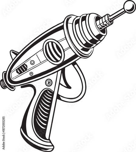 Retro Sci-Fi Ray Gun Illustration - Vintage Black and White Laser Pistol