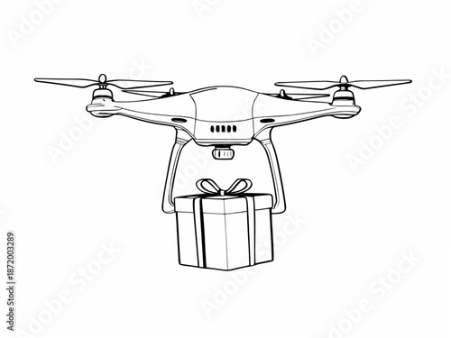 Drone delivering gift box with ribbon in modern aerial view