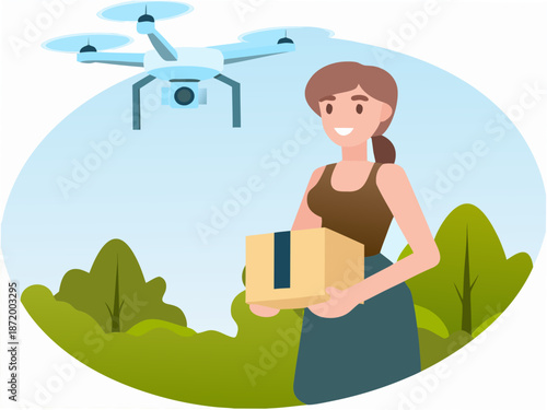 Woman holding package with drone delivering goods outdoors