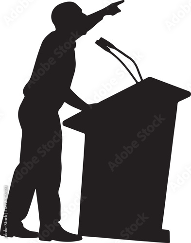 Black Silhouette of Speaker Pointing from Podium with Microphones