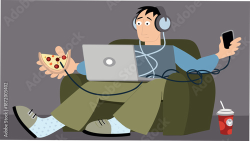 Relaxed man enjoying pizza while working on laptop and using phone