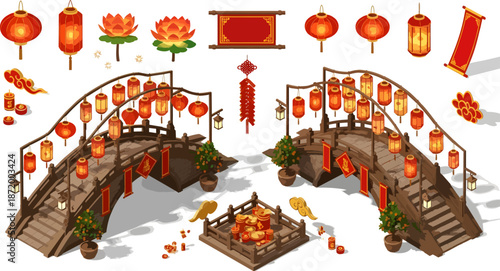 Main subject Lane with lanterns and bridges