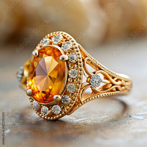 golden ring with orange gemstone and diamond