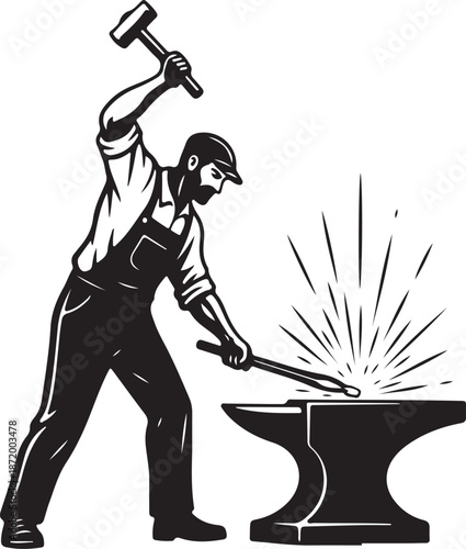 Blacksmith Working at Anvil Logo Retro Vector Illustration