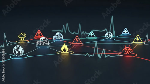 Neon lit digital landscape with glowing symbols and waves