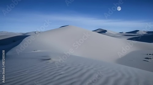Mesmerizing Desert Dunes Under a Clear Blue Sky with a Distant Moon.