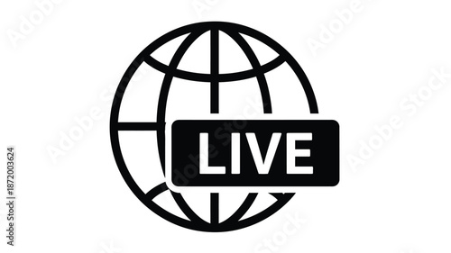 A black and white graphic of a globe with a live broadcast label on it