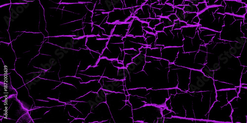 Abstract Purple crack wall design on black background. Realistic dark purple fire particle burn effect sparkles pattern.  Black marble texture and background for design pattern artwork.
