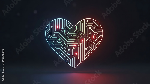 Circuit board heart with glowing neon lights