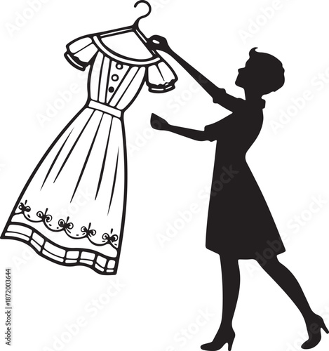 Retro Woman Silhouette Holding Elegant Dress on Hanger Line Art