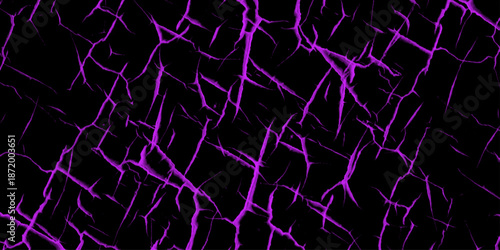 Abstract Purple crack wall design on black background. Realistic dark purple fire particle burn effect sparkles pattern.  Black marble texture and background for design pattern artwork.