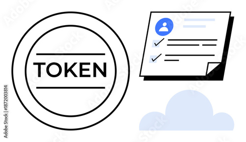 Circular token, checklist on document, cloud. Ideal for identity, authentication, data security, blockchain, digital credentials cloud storage user verification. Simple flat metaphor