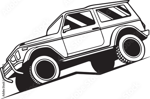 Monochrome 4x4 Off-Road Vehicle Climbing Incline Line Art Illustration
