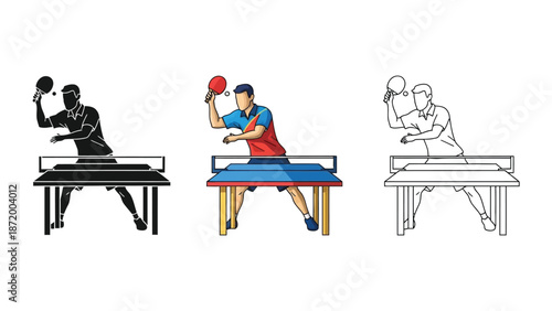Table tennis player serving a ball over ping pong table, silhouette, color illustration, and outline drawing