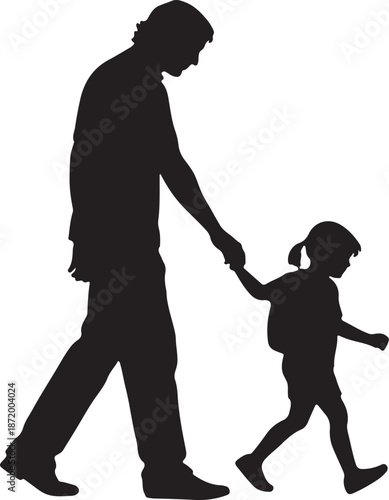 Silhouette of a man and child walking together holding hands on white background