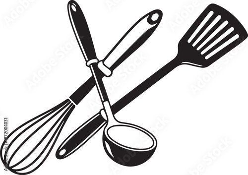 Crossed Kitchen Utensils Black Silhouette Icon - Cooking Spatula, Whisk, and Ladle