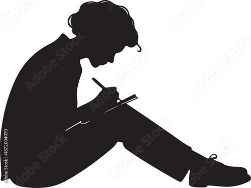 Isolated Black Silhouette of Young Person Sitting and Writing or Sketching
