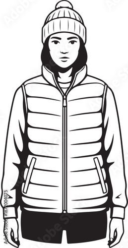 Woman in Puffer Vest and Beanie Hat Black and White Outline Illustration