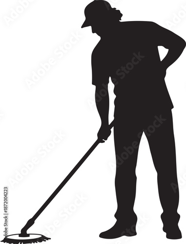 Silhouette of janitor or maintenance worker cleaning floor with a mop