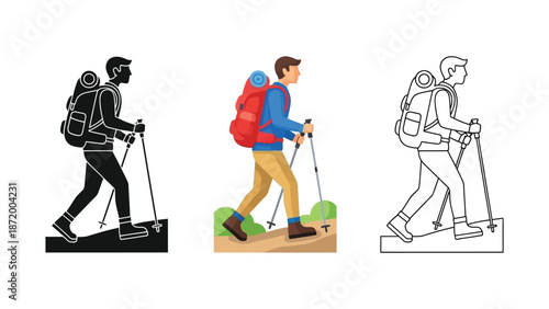 Hiker with backpack and trekking poles walking on a trail, silhouette, color illustration, and outline drawing